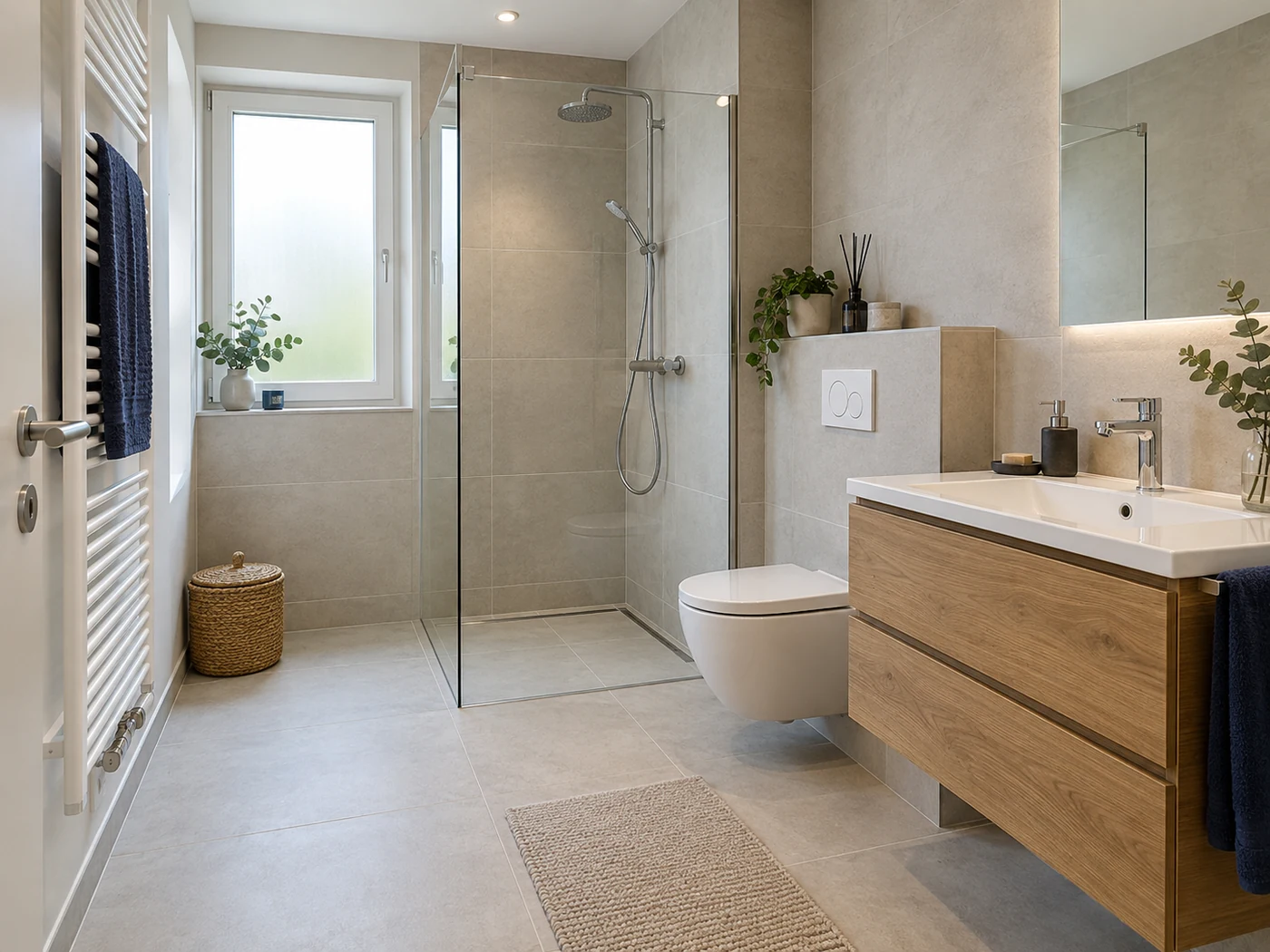KI-Visualisierung: Visualisierung eines modernen deutschen Badezimmers mit bodenebener Dusche, Waschtisch und wandhängendem WC.