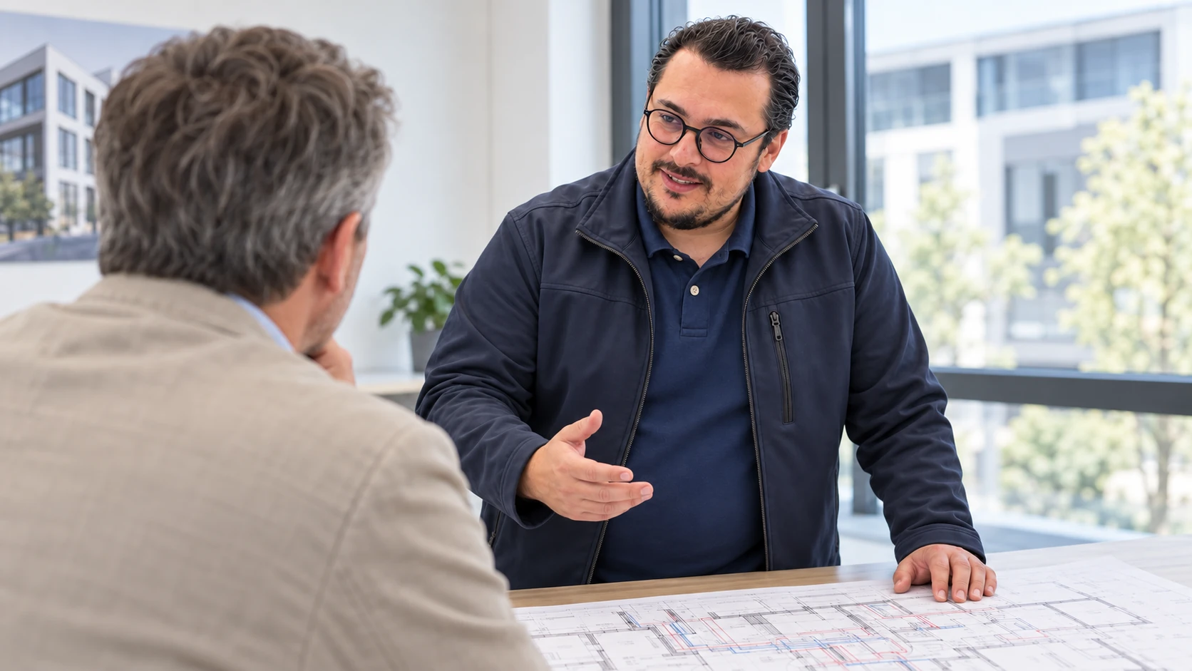 KI-generiertes Planungsgespräch mit Vlorian Osmanaj am Plantisch, über die Schulter seines Gesprächspartners gesehen.