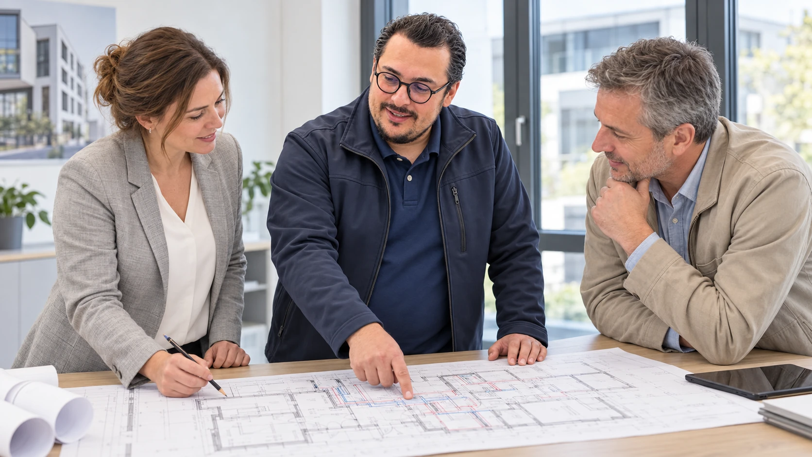 KI-generierte Planbesprechung: Vlorian Osmanaj und zwei Gesprächspartner besprechen einen Bauplan.