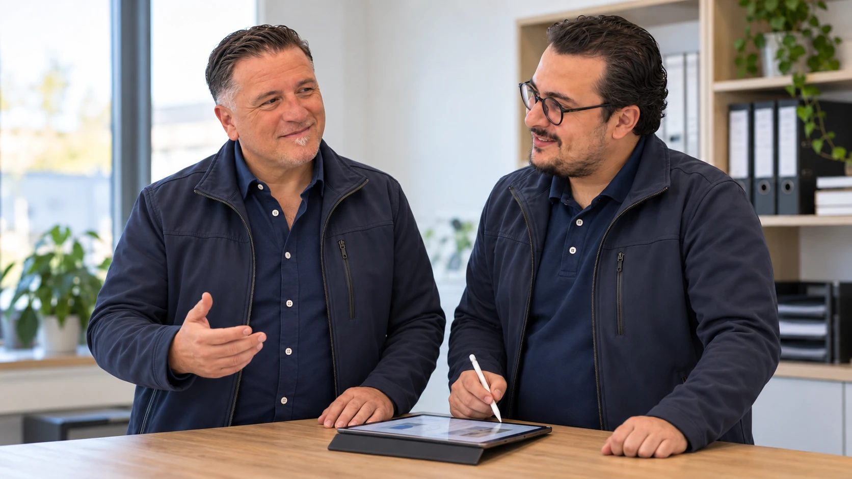 KI-generierte Projektabstimmung: Bekim Osmanaj und Vlorian Osmanaj besprechen ein Projekt am iPad im Büro.