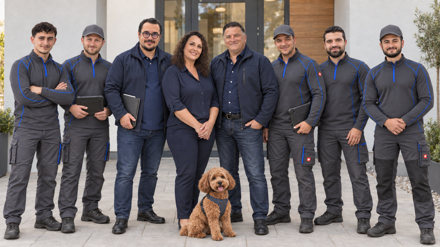 KI-generiertes Gruppenbild des BeOs-Teams mit acht Mitarbeitenden und Luna.